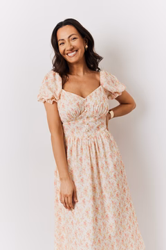 Cream Floral Puff Sleeve Midi Dress
